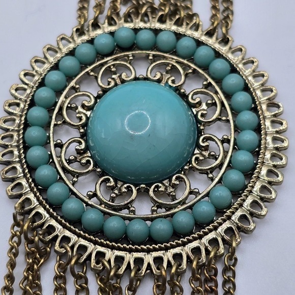 Gold Tone and Blue Statement Necklace Dangling Chains Fashion Boho Festival‎ - Picture 3 of 8
